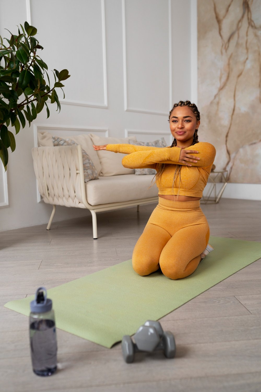 A mother stretching during a wellness session