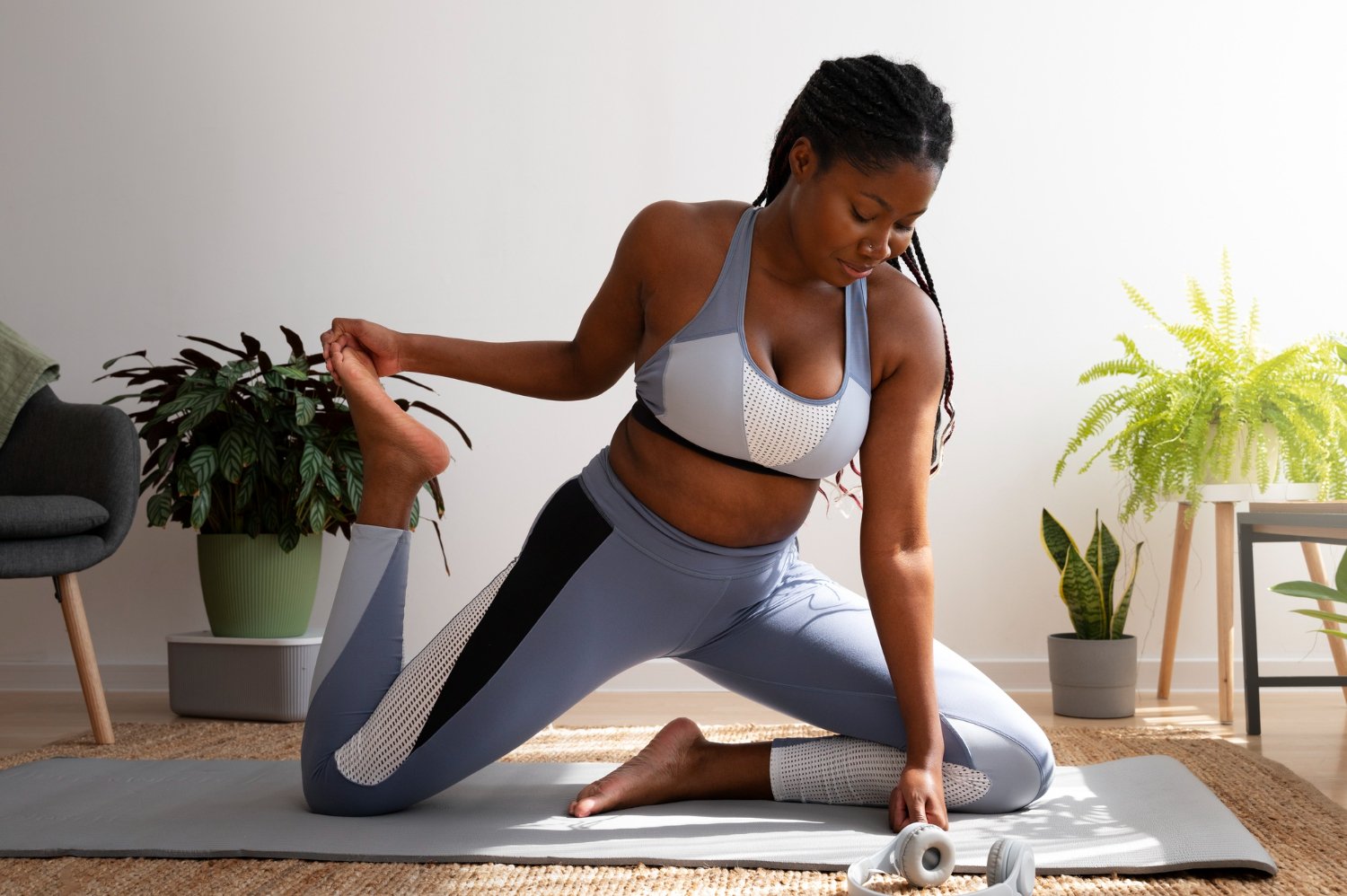 A small home workout corner with light equipment neatly arranged