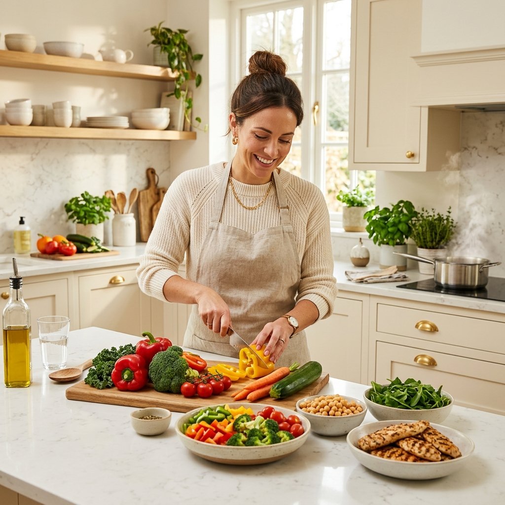 A mom preparing a healthy colorful meal